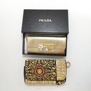 PRADA VERSACE Long Wallet w/Box, Pouch Leather Nylon Lot of 2 Used Authentic PS2